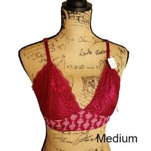 Women's Plunge Lace Bralette Burgundy Lace Overlay Medium NWT